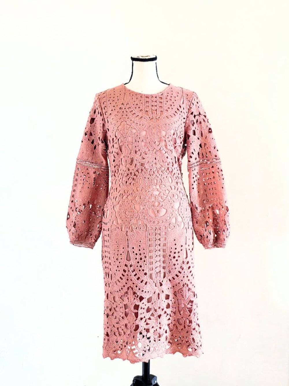 JessaKae Mauve Crochet Eyelet Lace Midi Dress Long Sleeve Size M Romantic